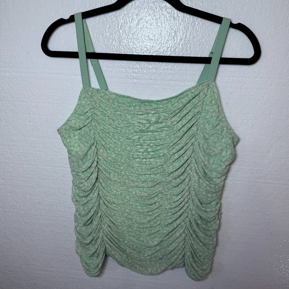 Torrid Women's Plus Size 1 1X Green Floral Ruched Tank Top Stretchy Mesh Shirred